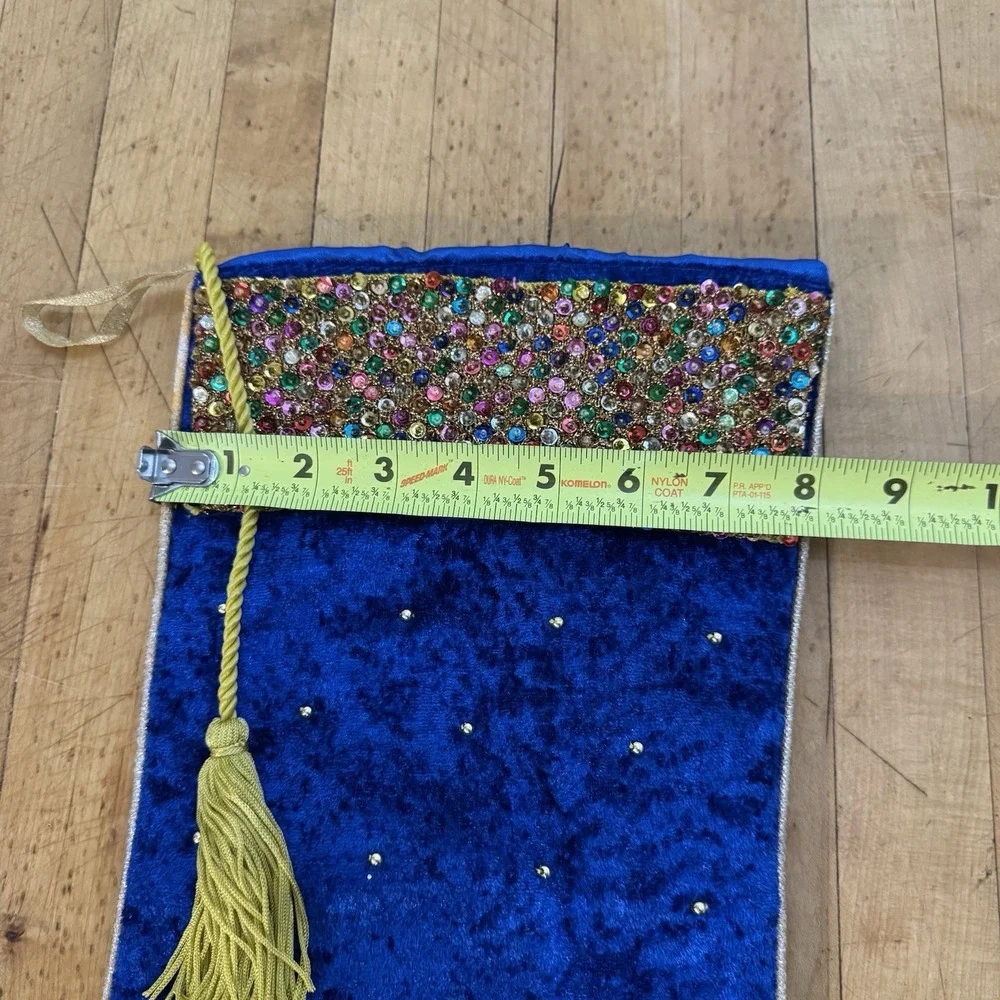 Ethereal Blue Velvet Christmas Stocking with Multicolor Sequins &‎ Gold Tassel